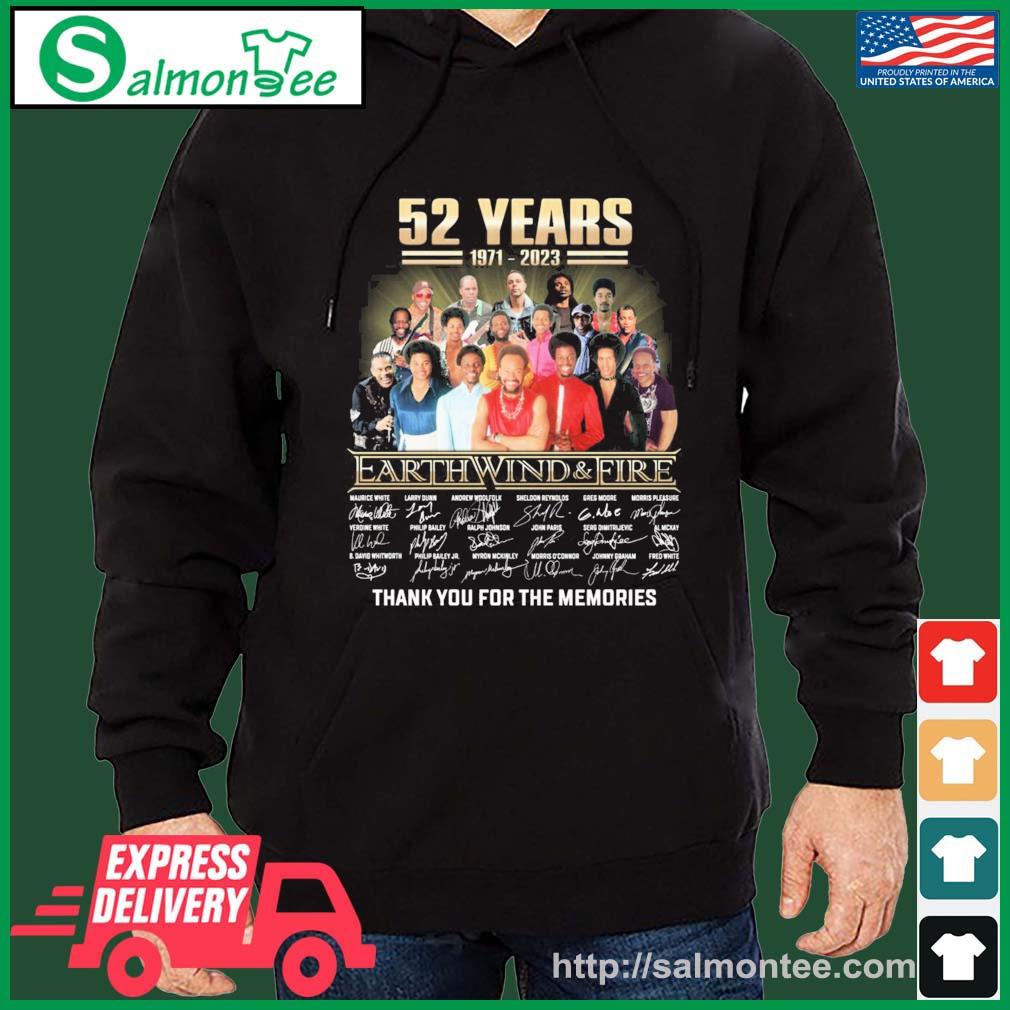 Earth Wind & Fire 52 Years 1971-2023 Thank You For The Memories Signatures Shirt salmon black hoodie
