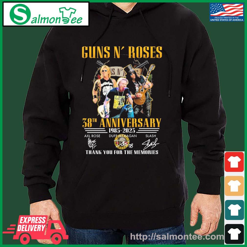 Guns N' Roses 38th Anniversary 1985-2023 Thank You For The Memories Signatures Shirt salmon black hoodie