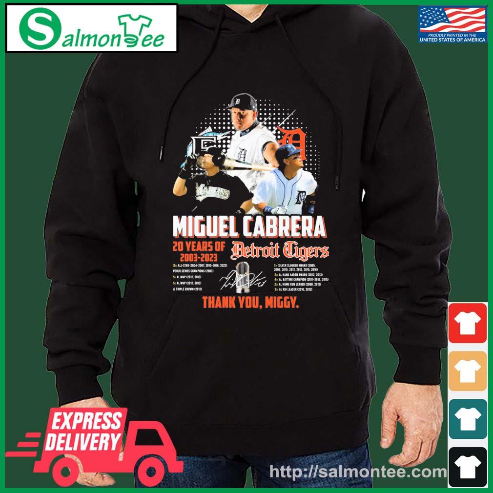 Miguel Cabrera 20 Years Of Detroit Tigers 2003-2023 Thank You, Miggy Signature Shirt salmon black hoodie