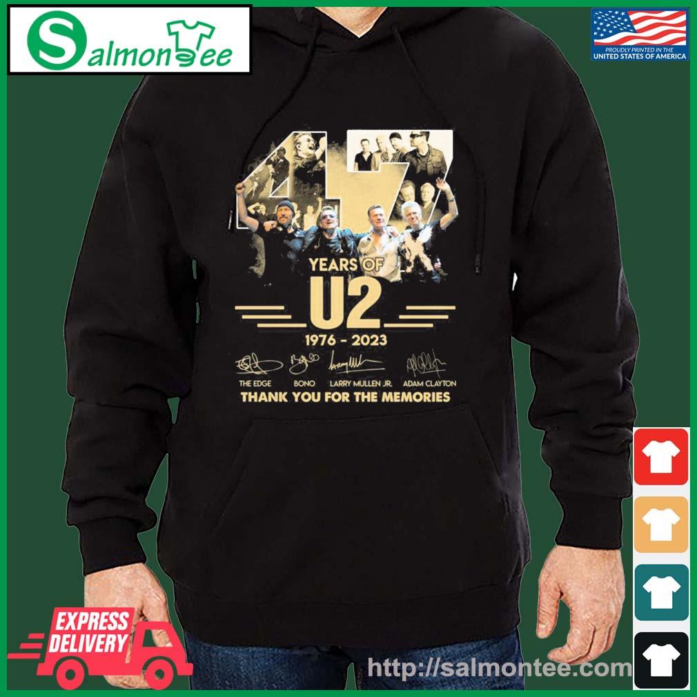 47 Years Of U2 1976 - 2023 The Edge Bono Signature Thank You For The Memories Shirt salmon black hoodie