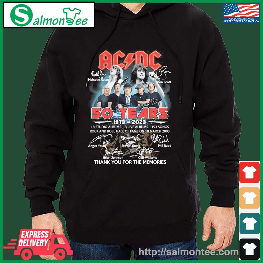 Acdc 50 Years 1972-2023 18 Studio Albums Signature Thank You For The Memories Shirt salmon black hoodie