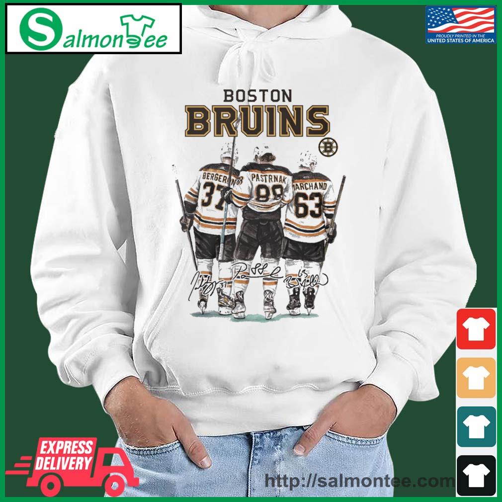 Boston Bruins Bergeron Pastrnak Marchand Signature Shirt salmon white hoodie