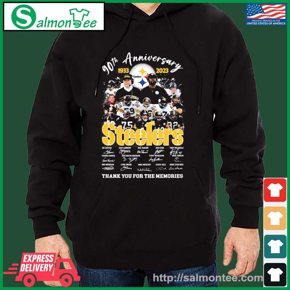 Official 90th Anniversary 1933- 2023 Steelers Signature Thank You For The Memories Shirt salmon black hoodie