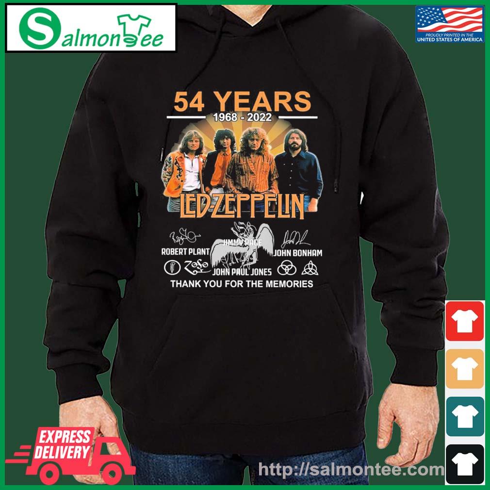 Original 54 Years 1968-2022 Led Zeppelin Robert Plant Jimmy Page John Bonham Signature Thank You For The Memories Shirt salmon black hoodie