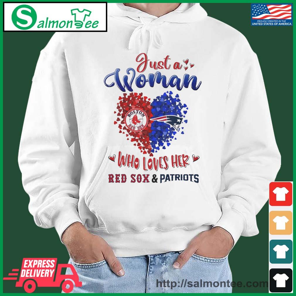 Original just A Woman Who Loves Her Red Sox And Patriots Shirt salmon white hoodie
