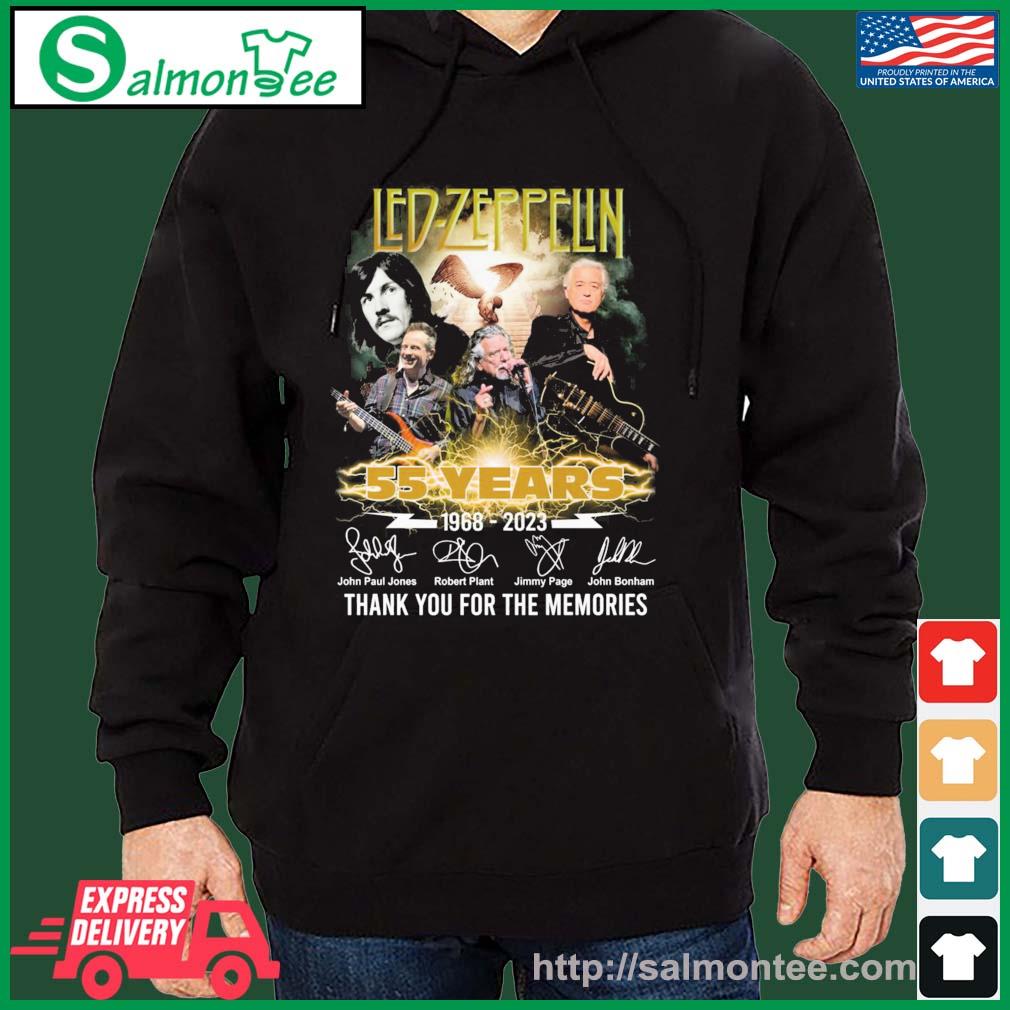 Premium led Zeppelin 55 Years 1968-2023 John Paul Jones Robert Plant Jimmy Page John Bonham Signature Thank You For The Memories Shirt salmon black hoodie