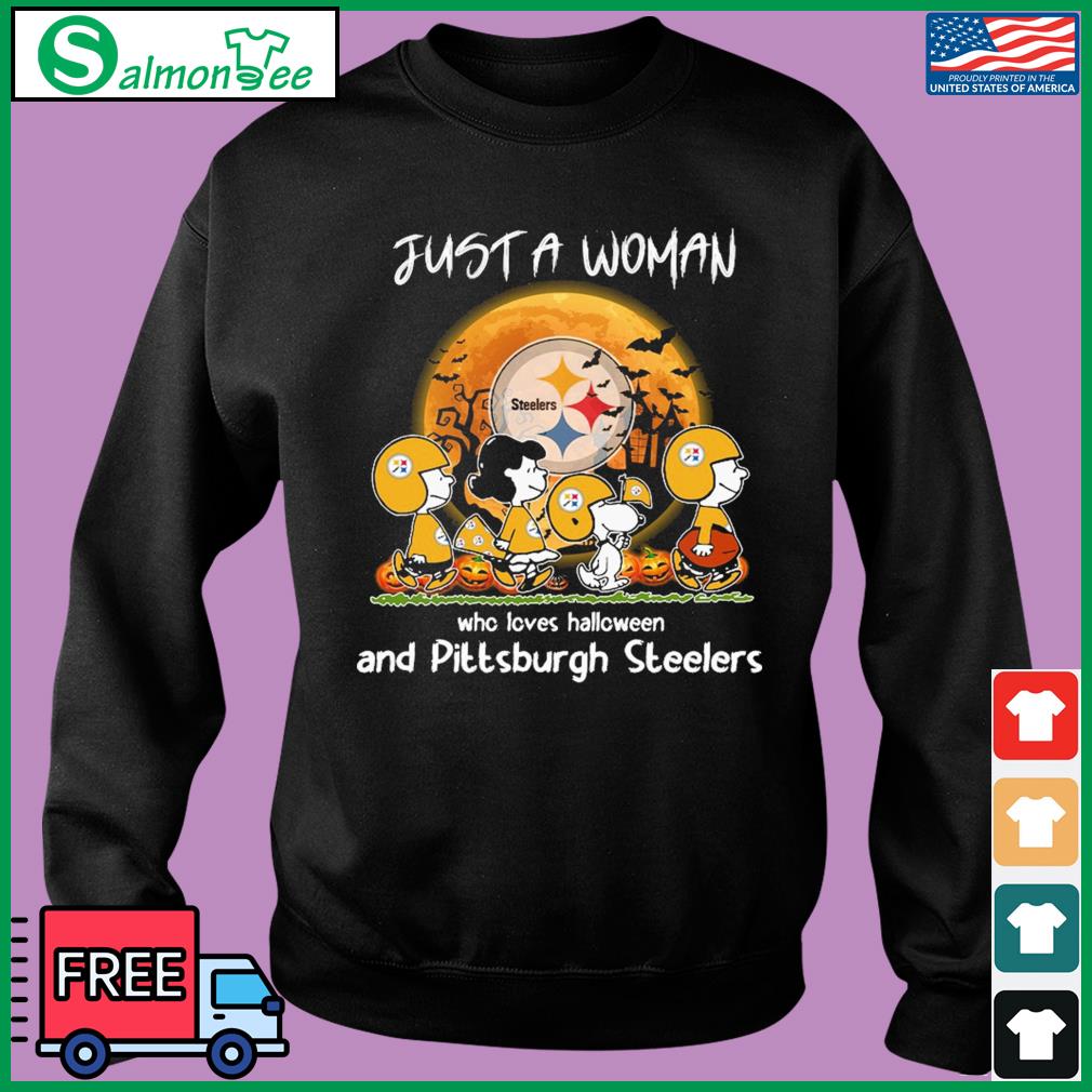 Just a woman who loves Halloween and Pittsburgh Steelers the Peanuts  Halloween shirt, hoodie, sweater, long sleeve and tank top