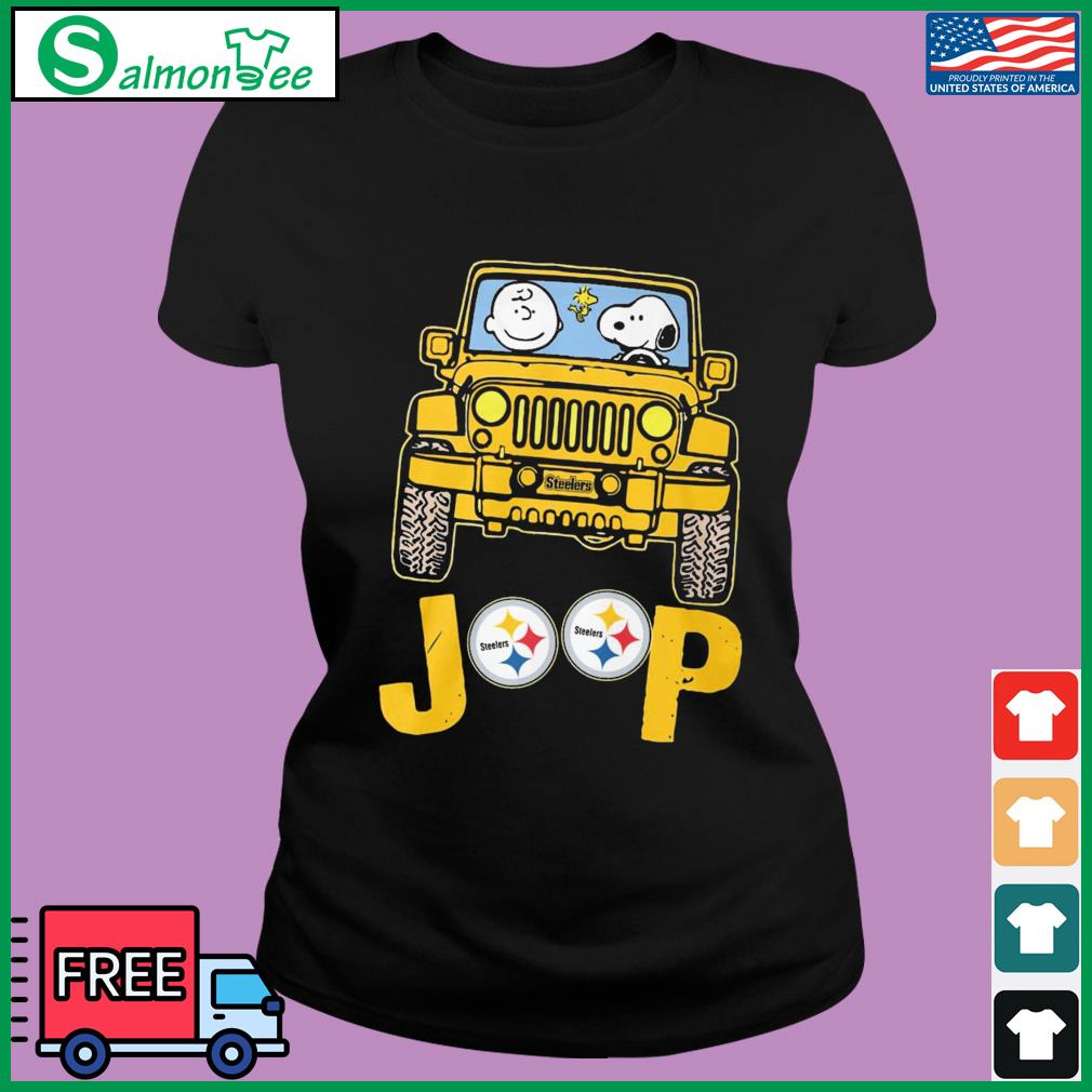 Charlie Brown and Snoopy driving jeep Pittsburgh Steelers shirt, hoodie,  sweater, long sleeve and tank top